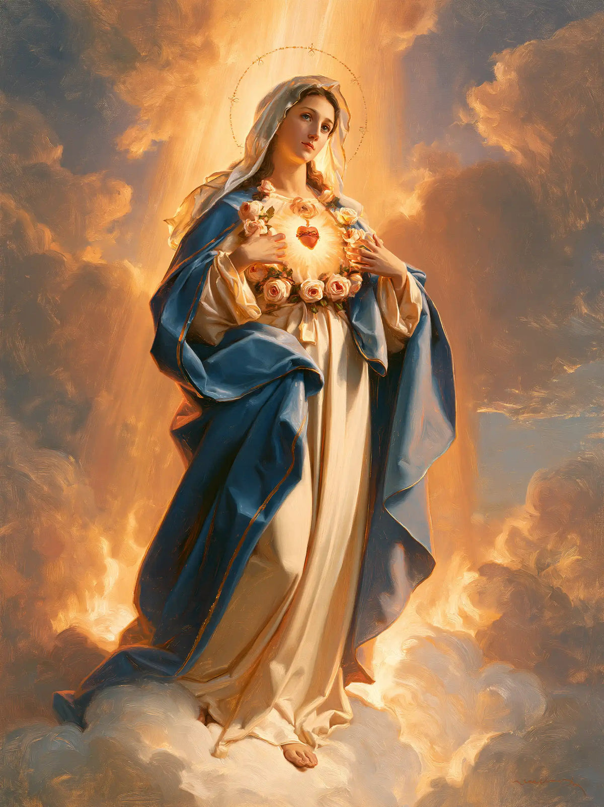 Mary upon the clouds with her Immaculate Heart in Mary upon the Clouds with the Immaculate Heart style, portrait Christian artwork no. 13