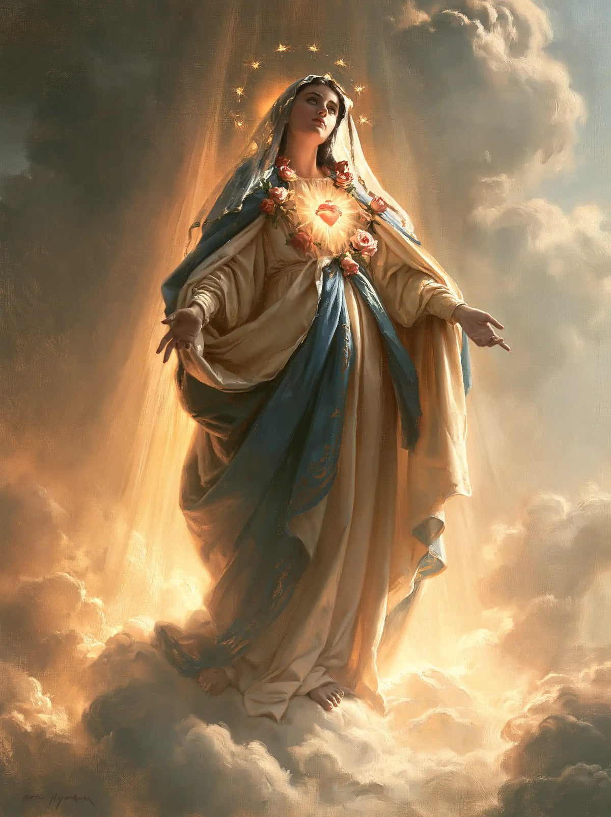 Mary upon the clouds with her Immaculate Heart in Mary upon the Clouds with the Immaculate Heart style, portrait Christian artwork no. 17
