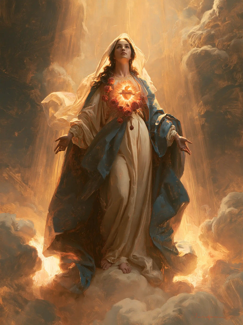 Mary upon the clouds with her Immaculate Heart in Mary upon the Clouds with the Immaculate Heart style, portrait Christian artwork no. 21