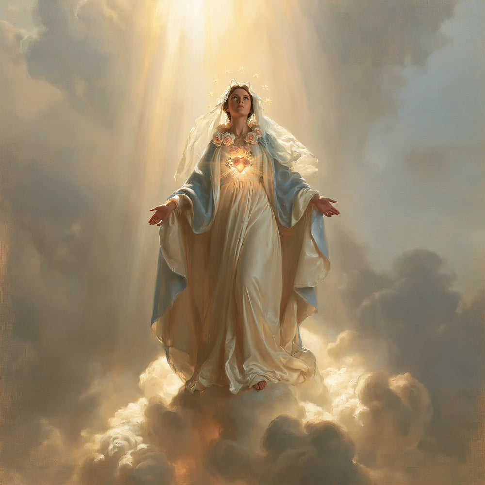 Mary upon the clouds with her Immaculate Heart in Mary upon the Clouds with the Immaculate Heart style, square Christian artwork no. 1