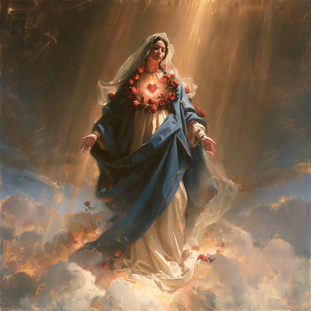 Mary upon the clouds with her Immaculate Heart in Mary upon the Clouds with the Immaculate Heart style, square Christian artwork no. 3