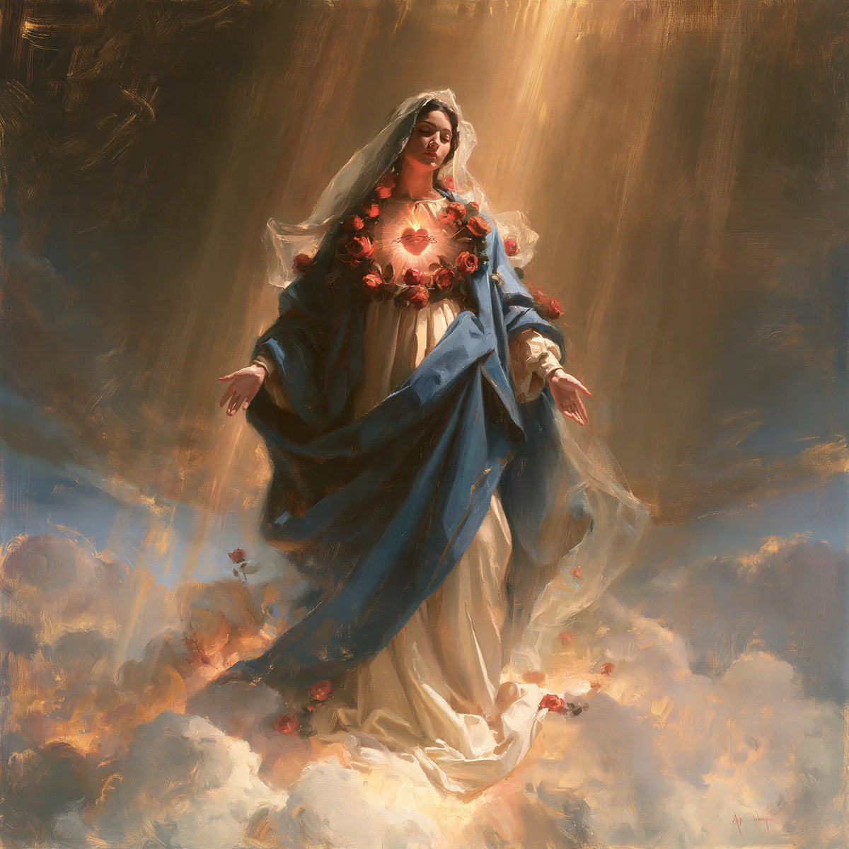 Mary upon the clouds with her Immaculate Heart in Mary upon the Clouds with the Immaculate Heart style, square Christian artwork no. 3