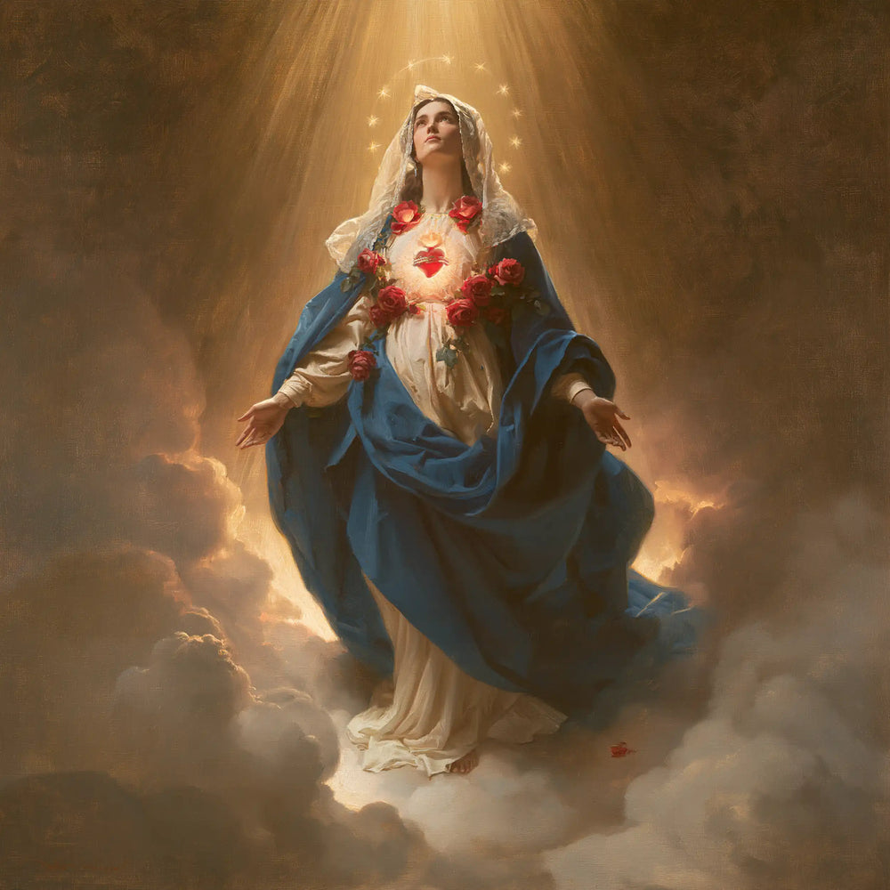 Mary upon the clouds with her Immaculate Heart in Mary upon the Clouds with the Immaculate Heart style, square Christian artwork no. 4