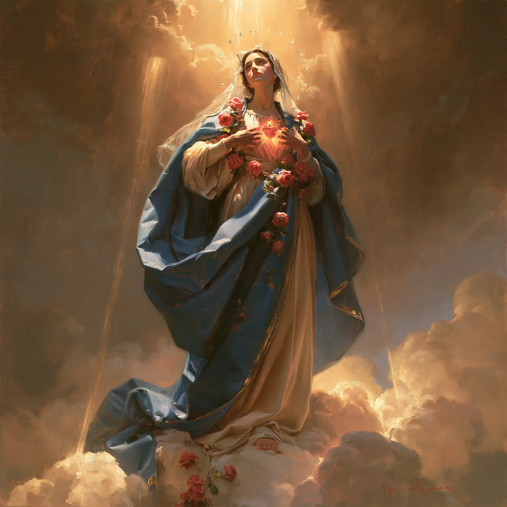 Mary upon the clouds with her Immaculate Heart in Mary upon the Clouds with the Immaculate Heart style, square Christian artwork no. 5
