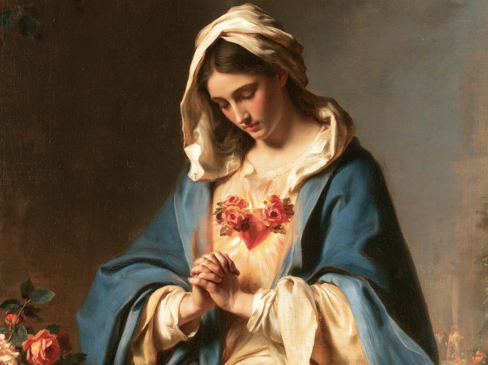 Mary praying with her Immaculate Heart in Mary in Prayer with the Immaculate Heart style, landscape Christian artwork no. 2