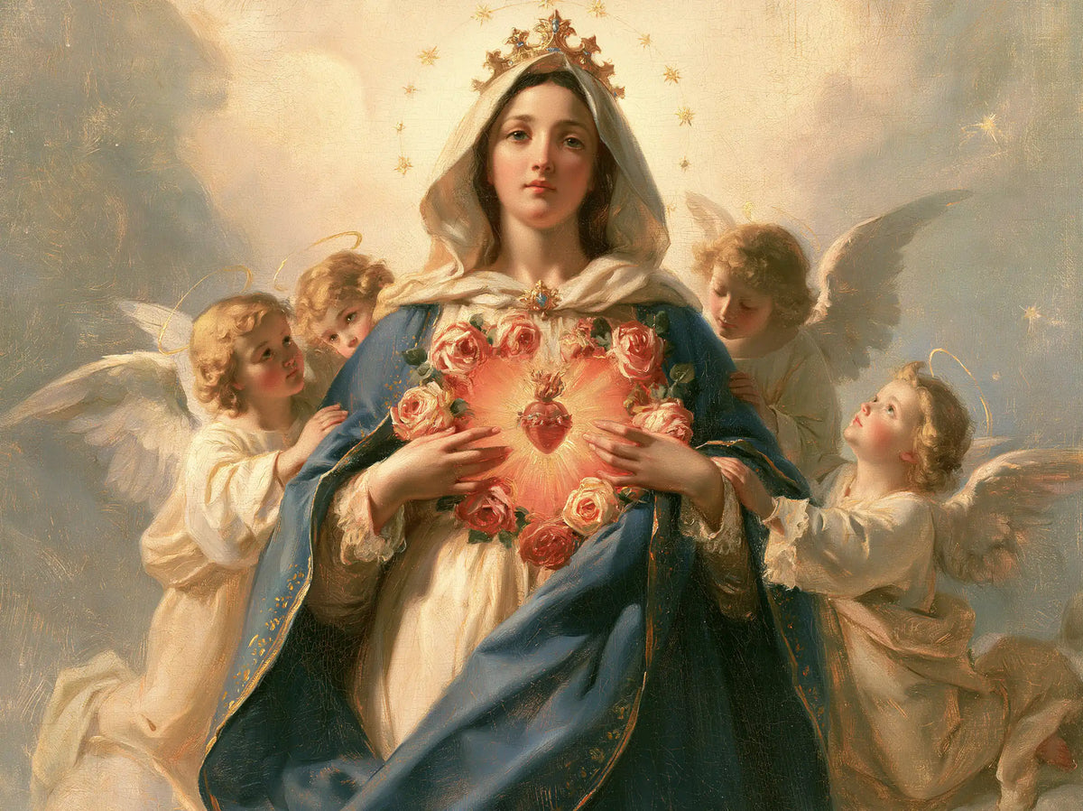 the Immaculate Heart of Mary surrounded by angels in Mary Surrounded by Angels style, landscape Christian artwork no. 1