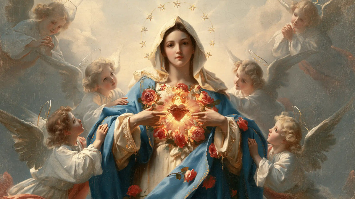 the Immaculate Heart of Mary surrounded by angels in Mary Surrounded by Angels style, landscape Christian artwork no. 12