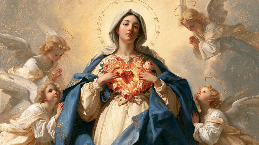 the Immaculate Heart of Mary surrounded by angels in Mary Surrounded by Angels style, landscape Christian artwork no. 14