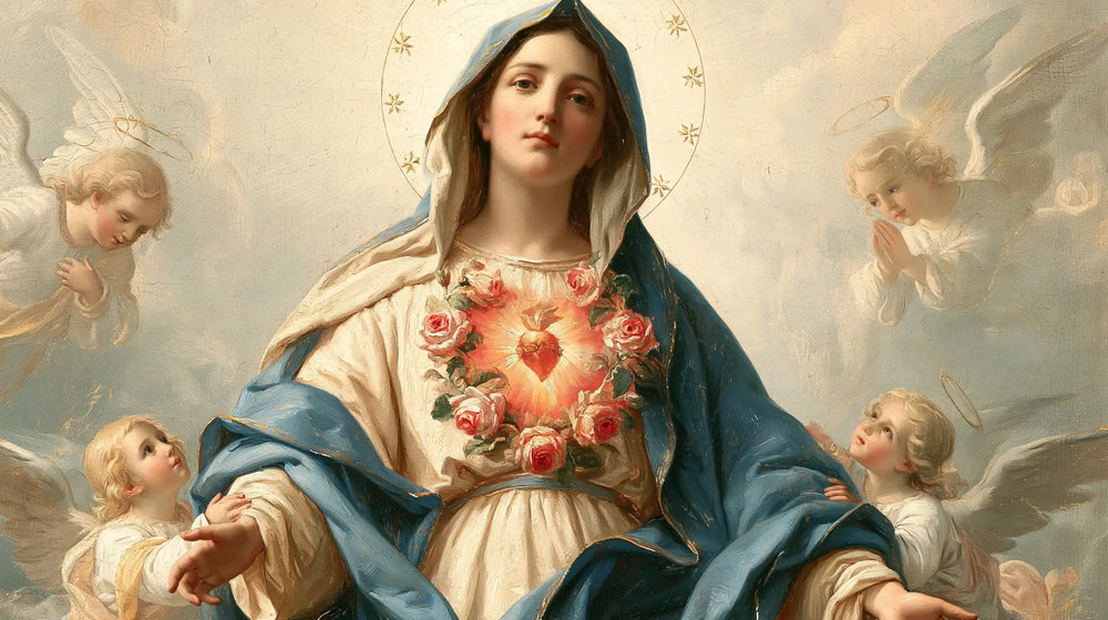 the Immaculate Heart of Mary surrounded by angels in Mary Surrounded by Angels style, landscape Christian artwork no. 16