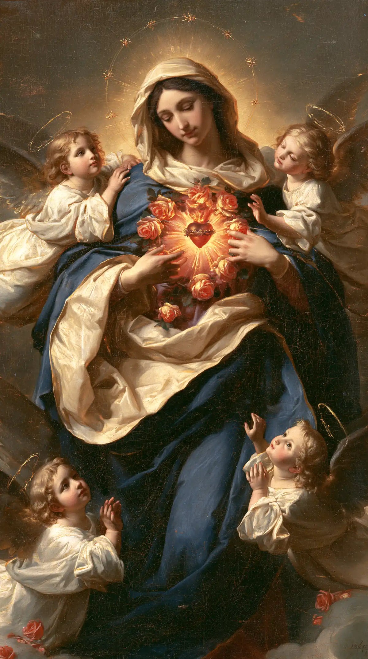 the Immaculate Heart of Mary surrounded by angels in Mary Surrounded by Angels style, portrait Christian artwork no. 3