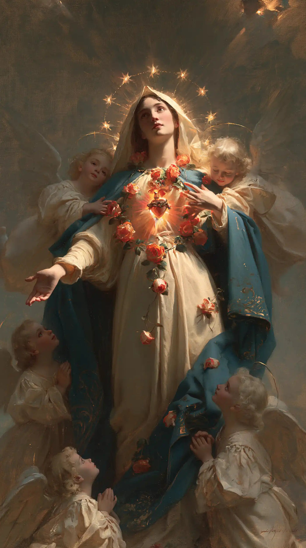 the Immaculate Heart of Mary surrounded by angels in Mary Surrounded by Angels style, portrait Christian artwork no. 4