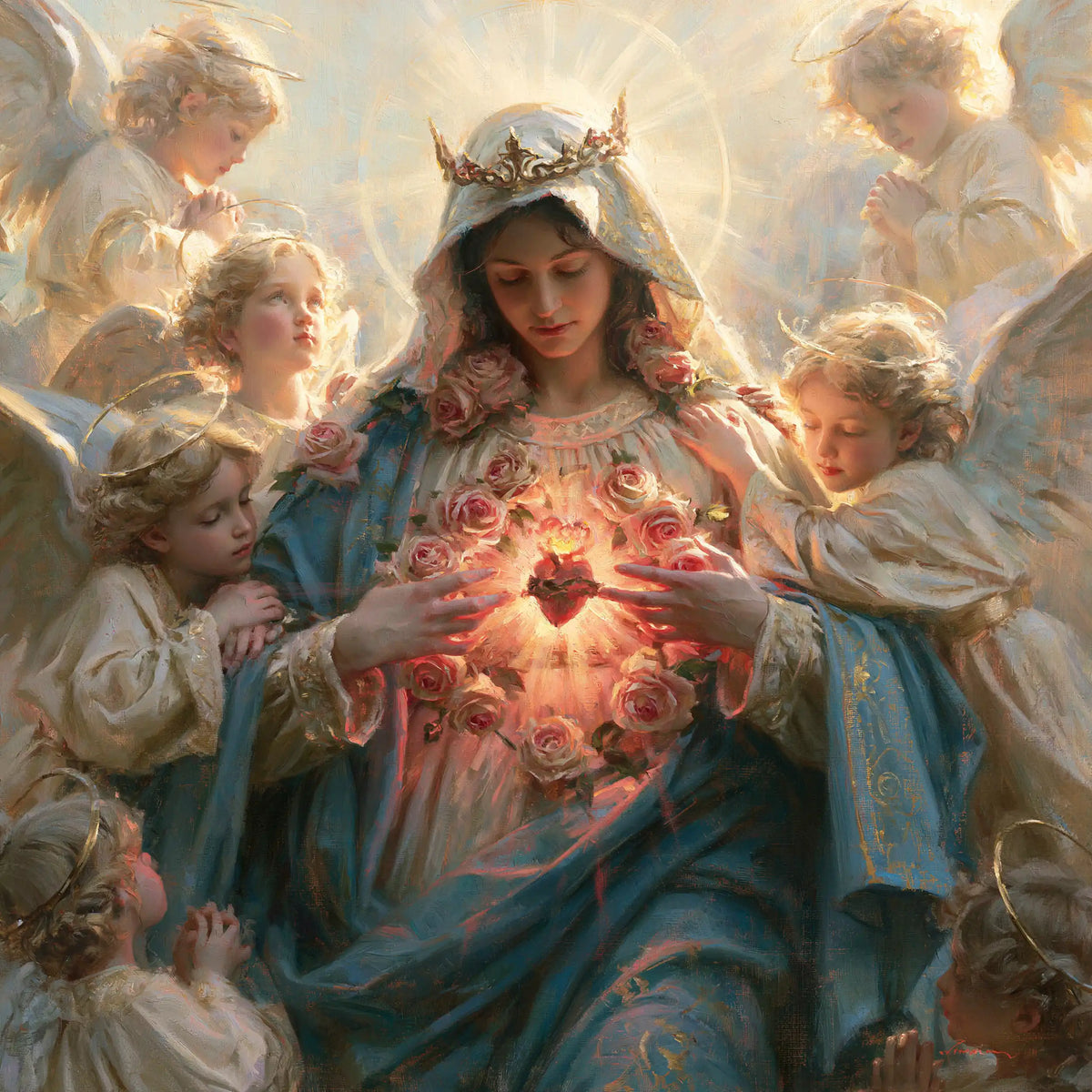 the Immaculate Heart of Mary surrounded by angels in Mary Surrounded by Angels style, square Christian artwork no. 2