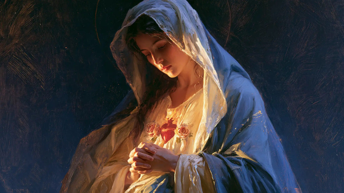 the Immaculate Heart of Mary in midnight-blue chiaroscuro in Midnight Blue Chiaroscuro style, landscape Christian artwork no. 13