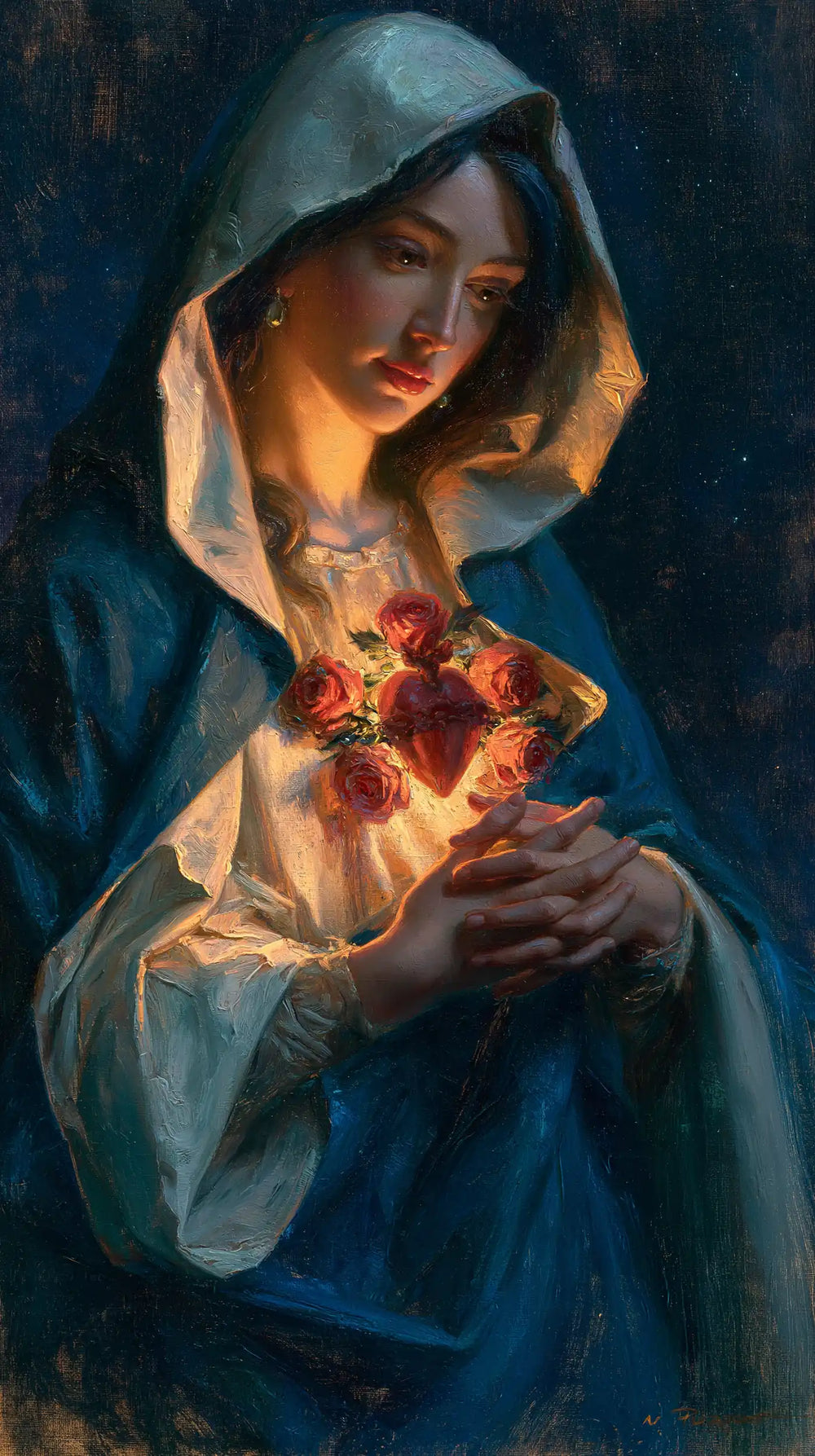 the Immaculate Heart of Mary in midnight-blue chiaroscuro in Midnight Blue Chiaroscuro style, portrait Christian artwork no. 10
