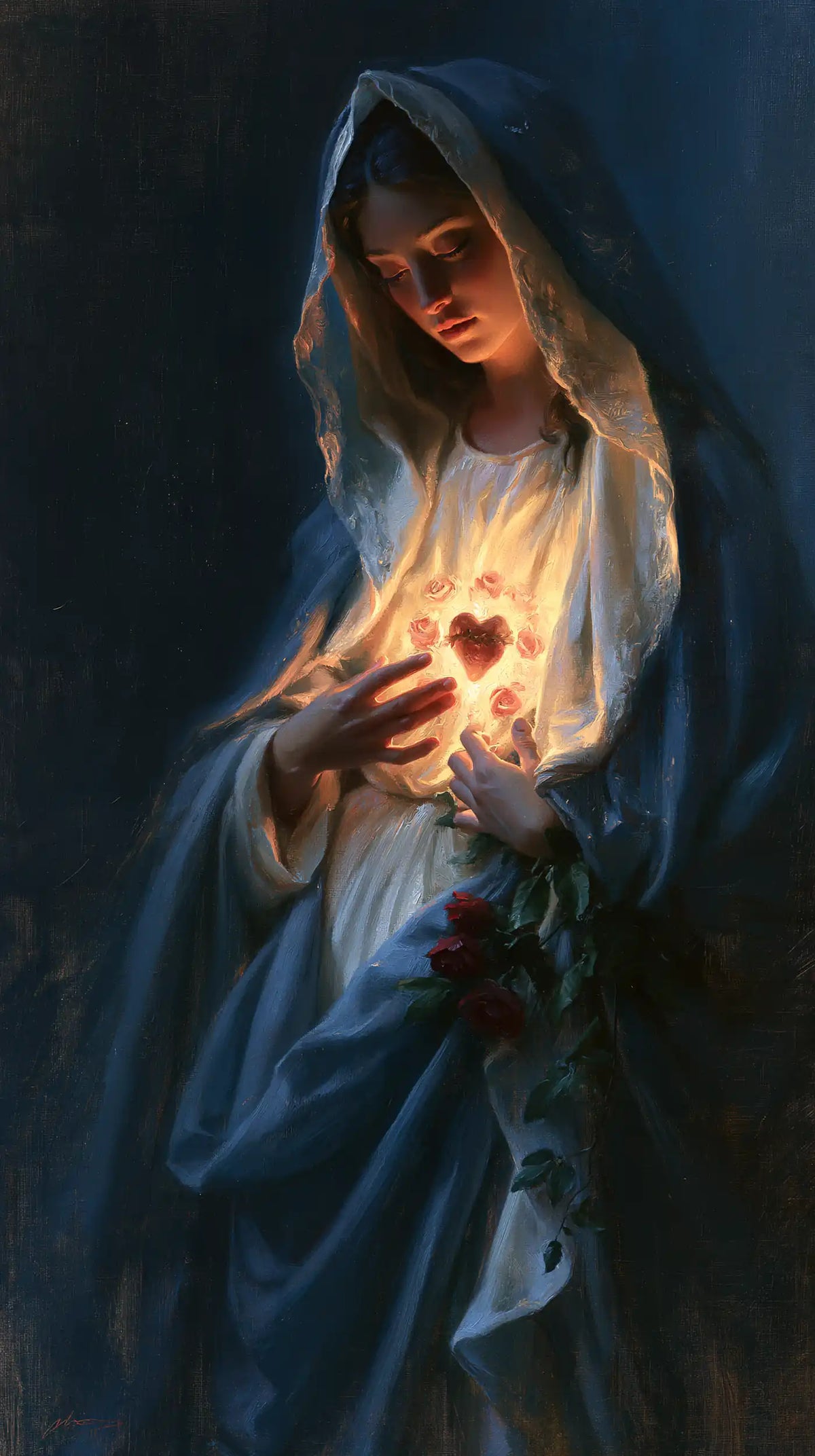 the Immaculate Heart of Mary in midnight-blue chiaroscuro in Midnight Blue Chiaroscuro style, portrait Christian artwork no. 11