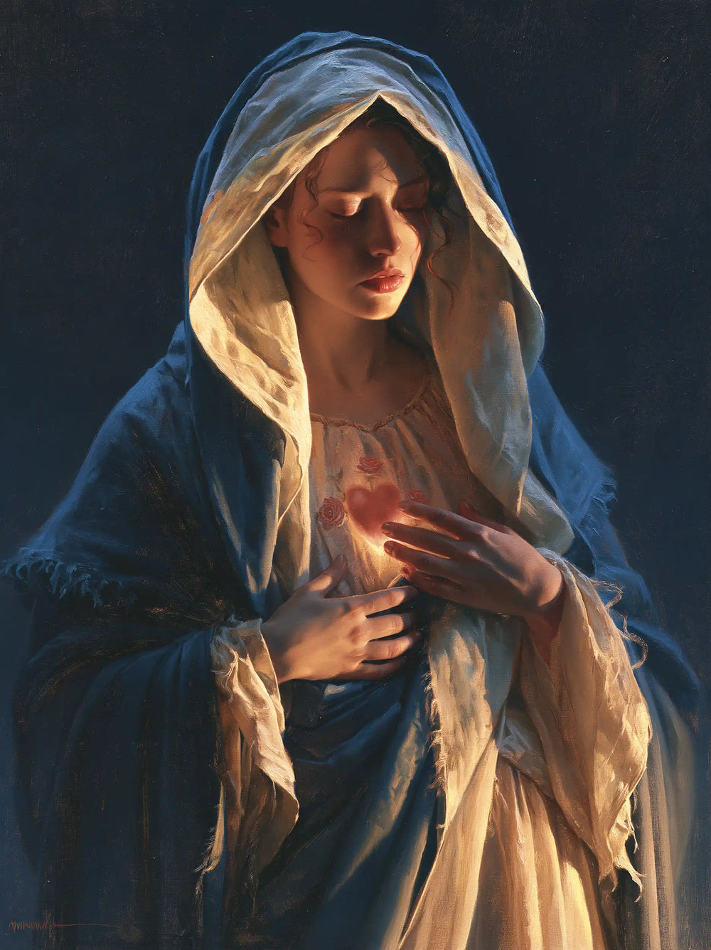 the Immaculate Heart of Mary in midnight-blue chiaroscuro in Midnight Blue Chiaroscuro style, portrait Christian artwork no. 14