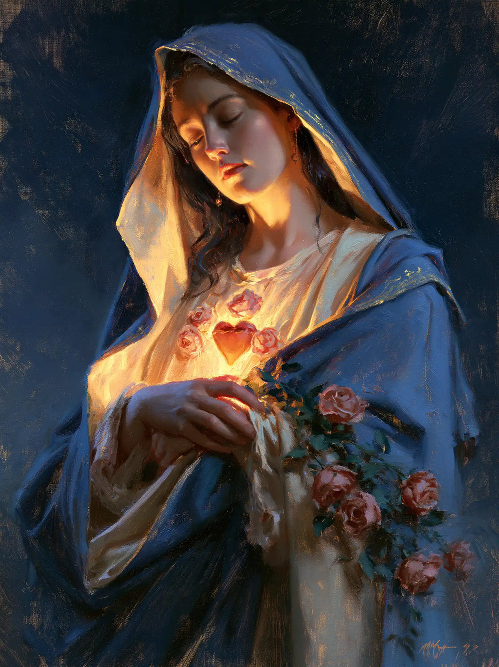 the Immaculate Heart of Mary in midnight-blue chiaroscuro in Midnight Blue Chiaroscuro style, portrait Christian artwork no. 20