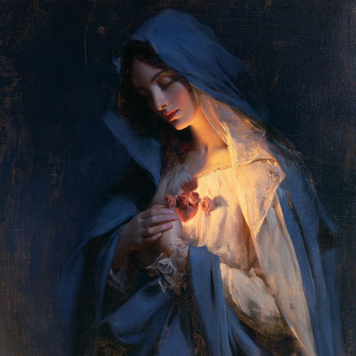 the Immaculate Heart of Mary in midnight-blue chiaroscuro in Midnight Blue Chiaroscuro style, square Christian artwork no. 1