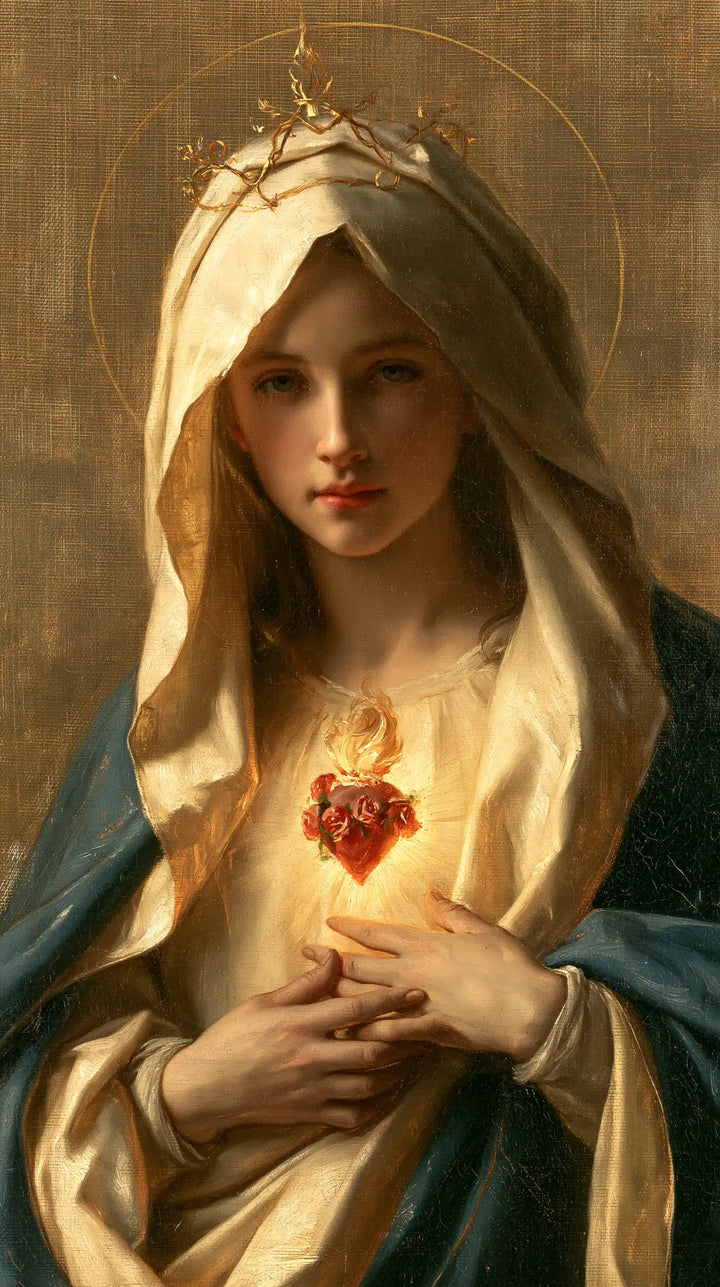 The Immaculate Heart of Mary — Interlaced Fingers Beneath the Royal Veil