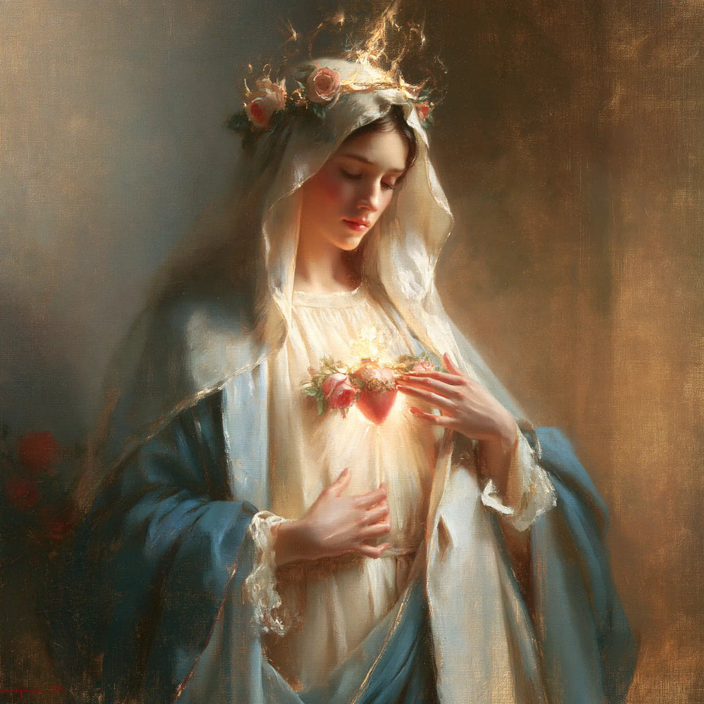 the peace and purity of the Immaculate Heart of Mary in Peace and Purity of Mary's Heart style, square Christian artwork no. 9
