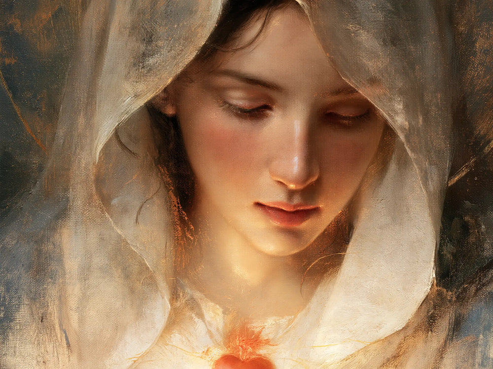a close portrait of Mary with her Immaculate Heart in Psychological Close-Up style, landscape Christian artwork no. 2