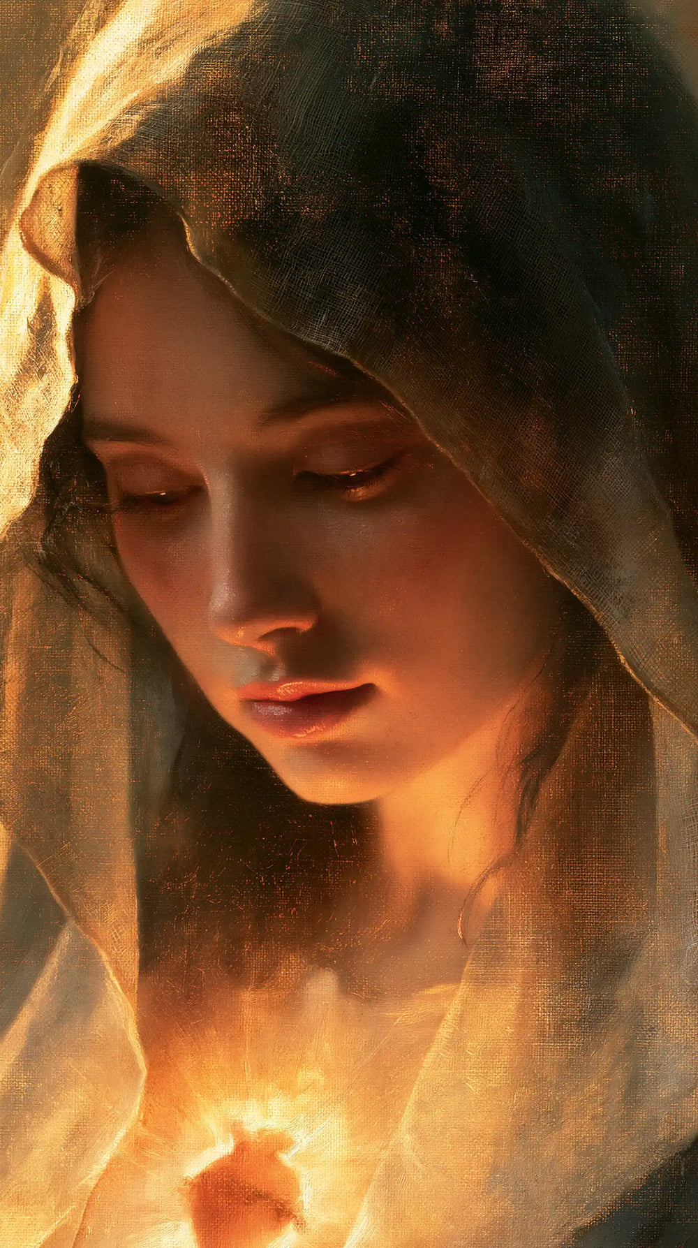 a close portrait of Mary with her Immaculate Heart in Psychological Close-Up style, portrait Christian artwork no. 2