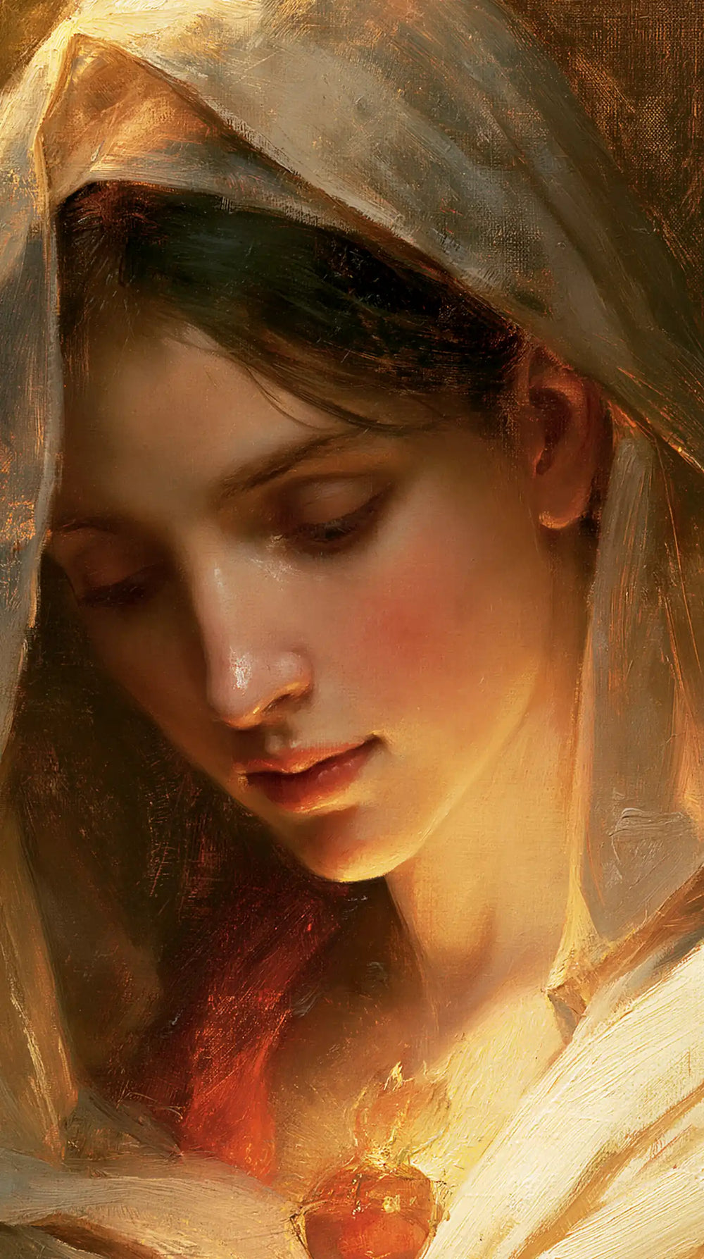a close portrait of Mary with her Immaculate Heart in Psychological Close-Up style, portrait Christian artwork no. 3