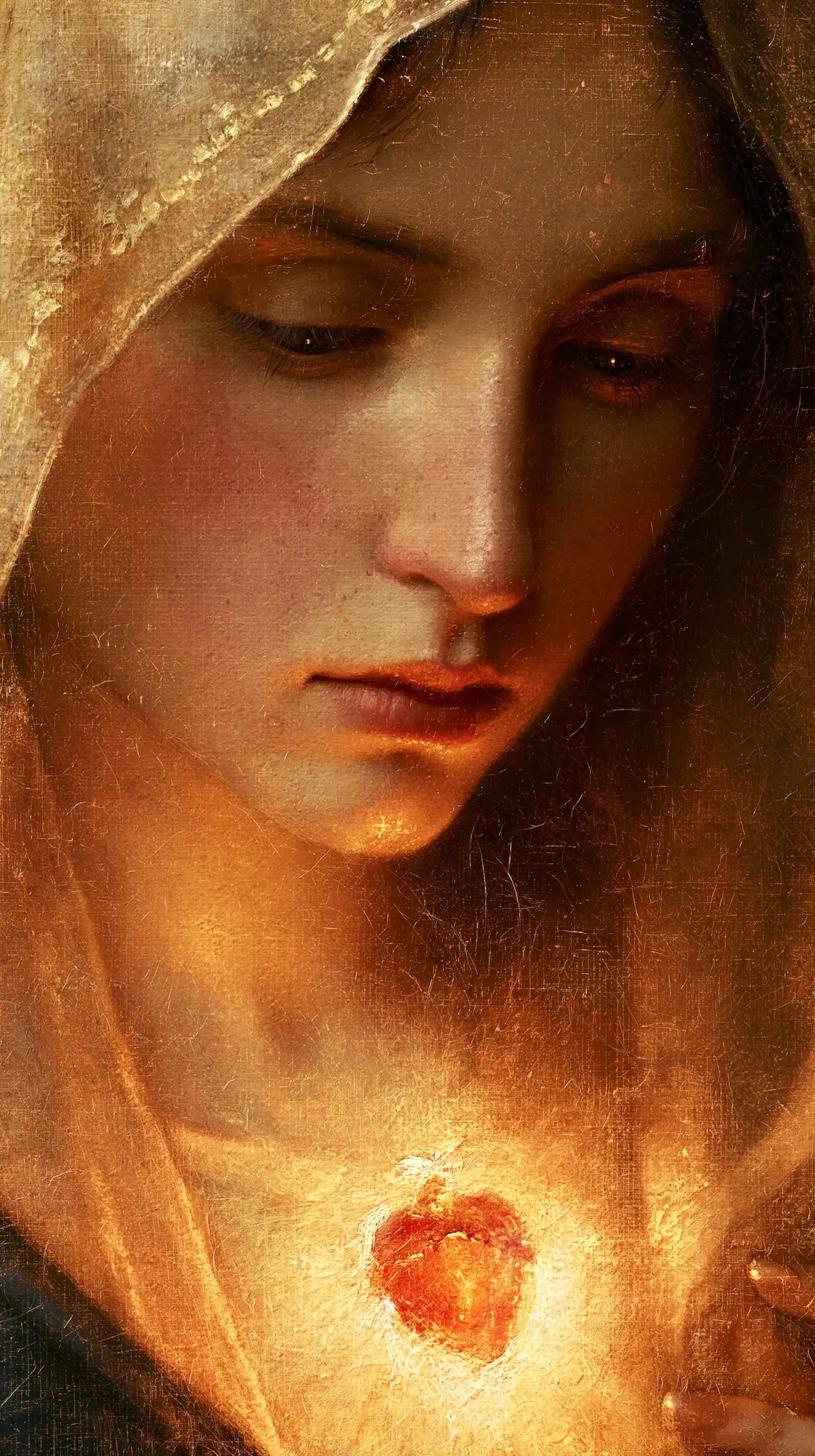 a close portrait of Mary with her Immaculate Heart in Psychological Close-Up style, portrait Christian artwork no. 4