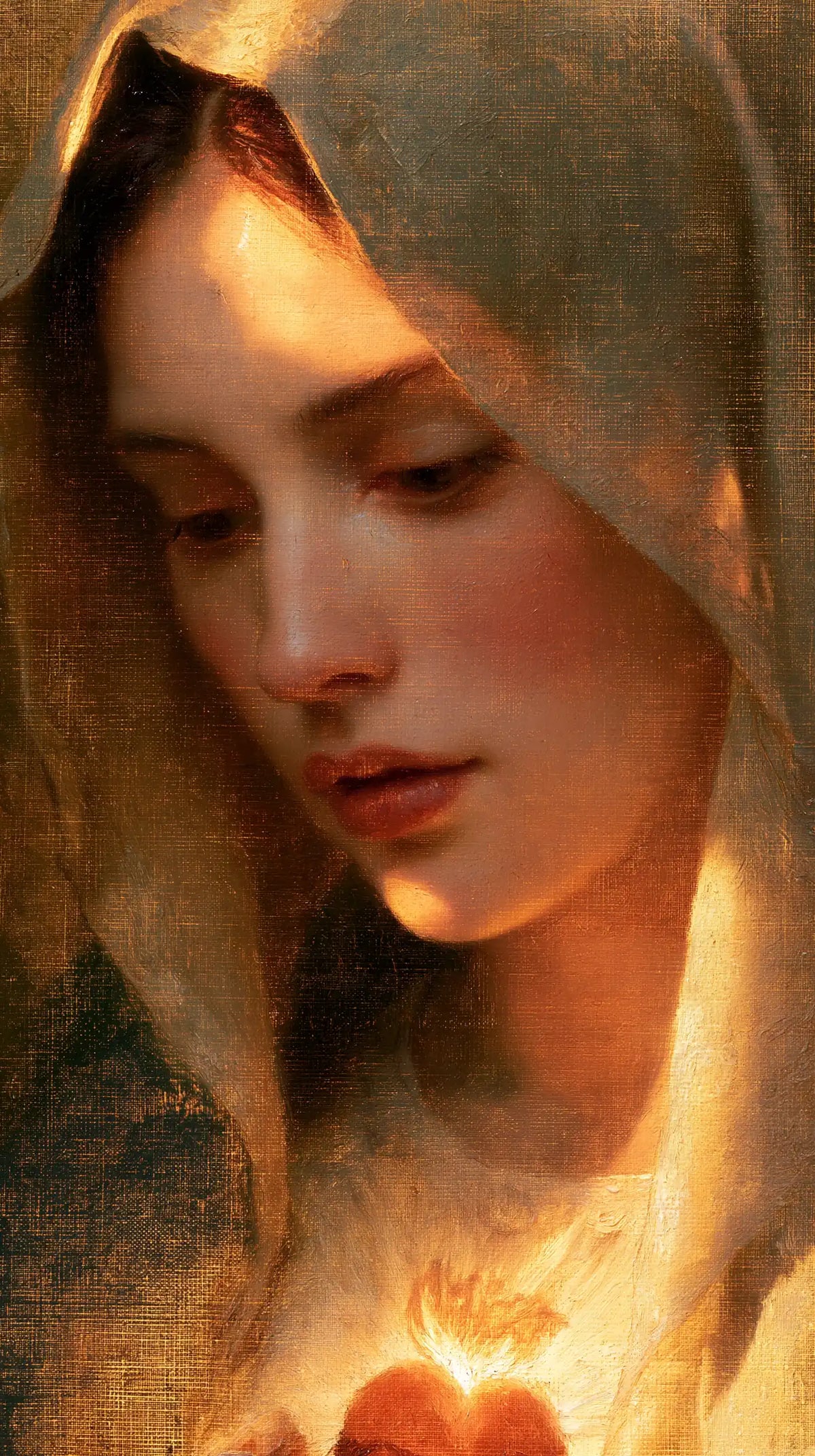 a close portrait of Mary with her Immaculate Heart in Psychological Close-Up style, portrait Christian artwork no. 5