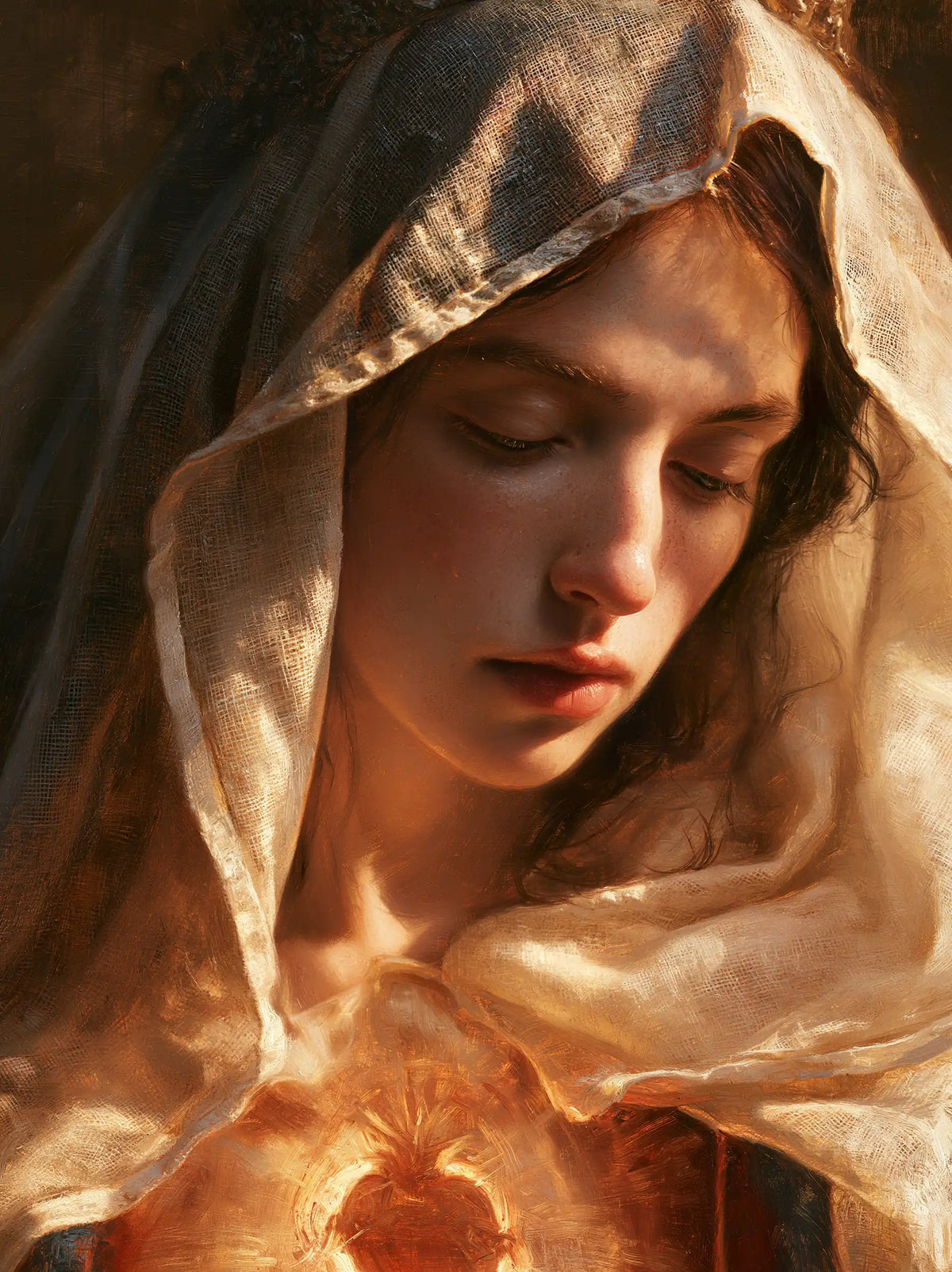 a close portrait of Mary with her Immaculate Heart in Psychological Close-Up style, portrait Christian artwork no. 7