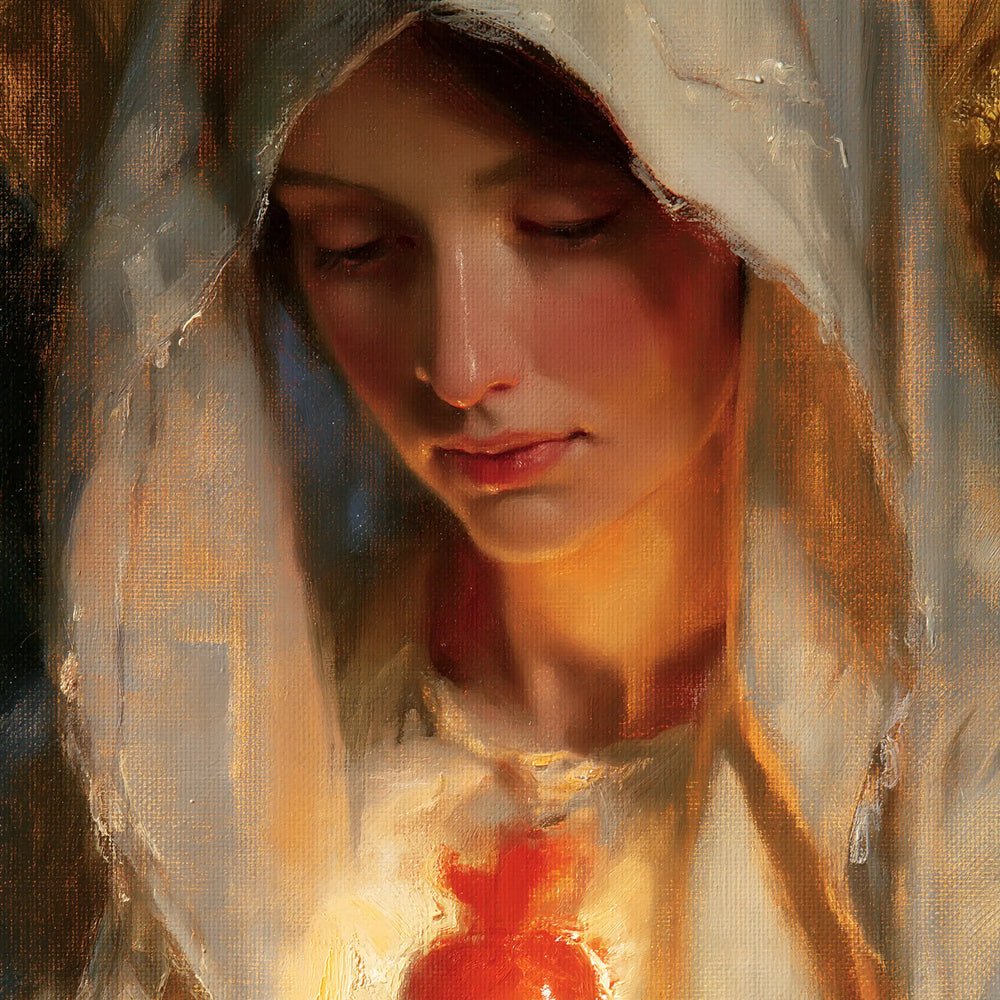 a close portrait of Mary with her Immaculate Heart in Psychological Close-Up style, square Christian artwork no. 4