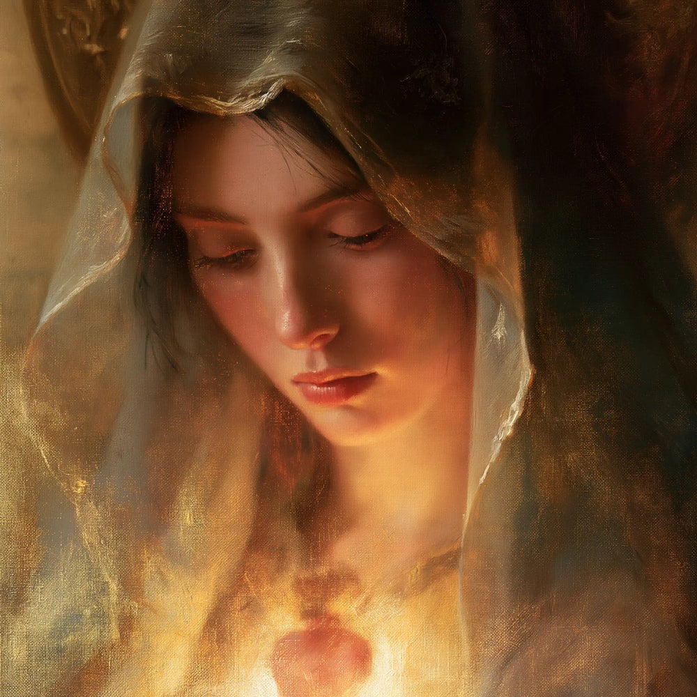 a close portrait of Mary with her Immaculate Heart in Psychological Close-Up style, square Christian artwork no. 8
