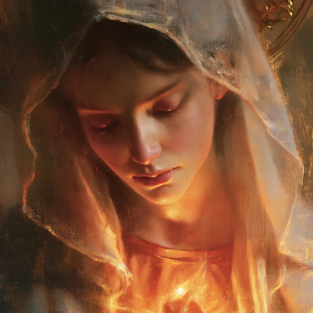 a close portrait of Mary with her Immaculate Heart in Psychological Close-Up style, square Christian artwork no. 9