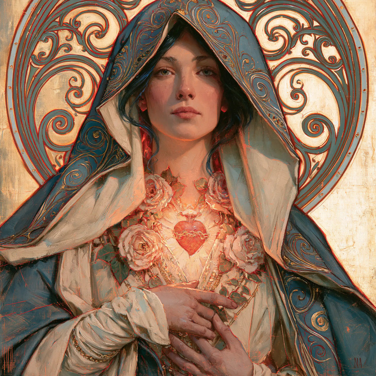 the Immaculate Heart of Mary framed by sacred Art Nouveau ornament in Sacred Art Nouveau style, square Christian artwork no. 3