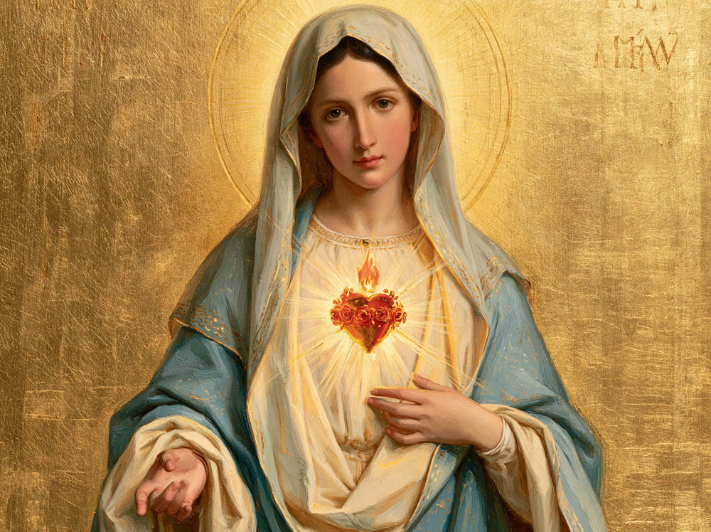 Mary revealing her Immaculate Heart in Sacred Gold style, landscape Christian artwork no. 7