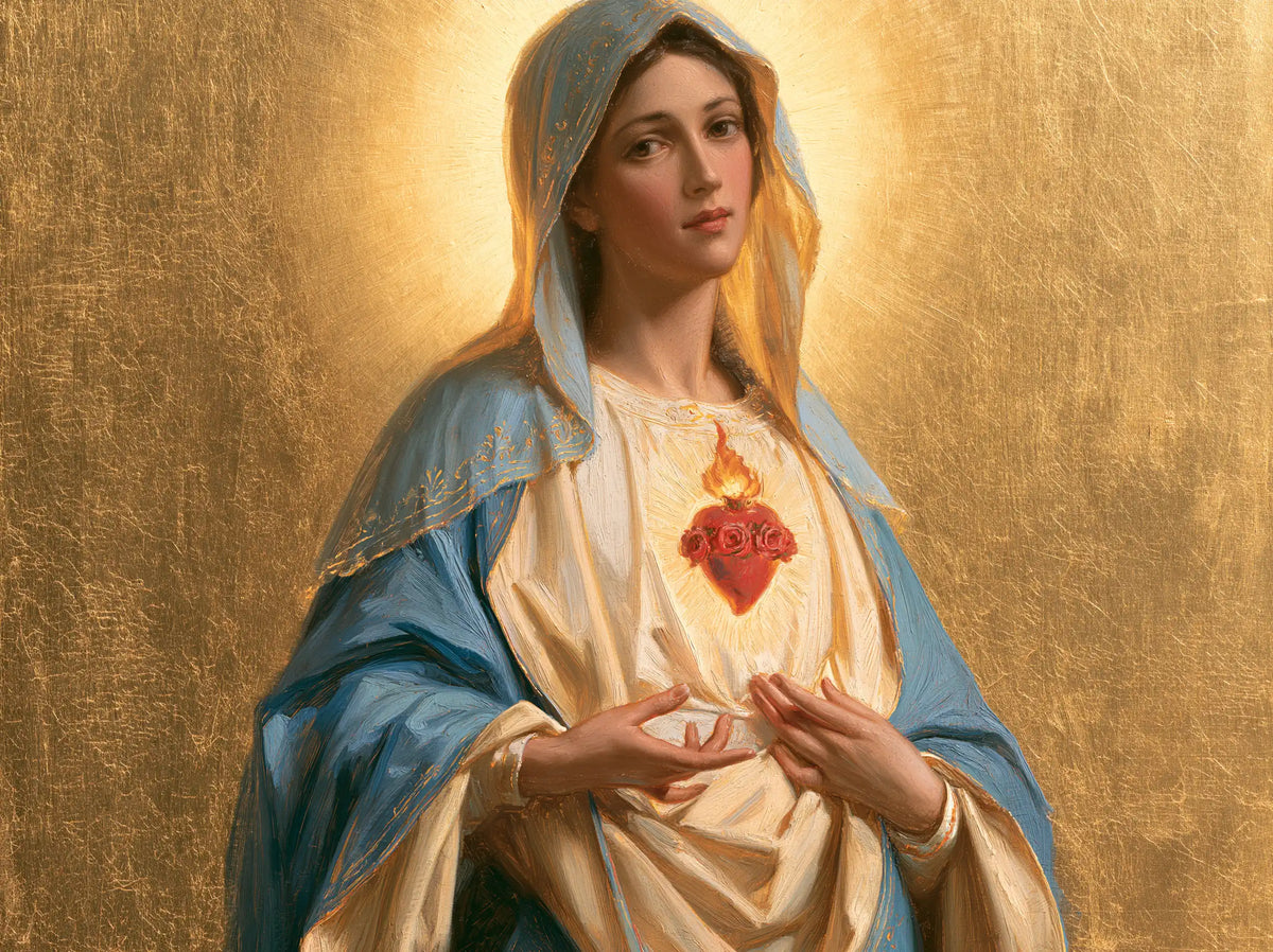 Mary revealing her Immaculate Heart in Sacred Gold style, landscape Christian artwork no. 8
