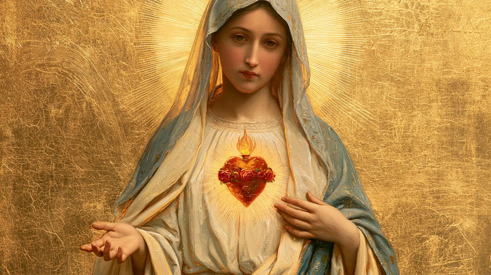 Mary revealing her Immaculate Heart in Sacred Gold style, landscape Christian artwork no. 16