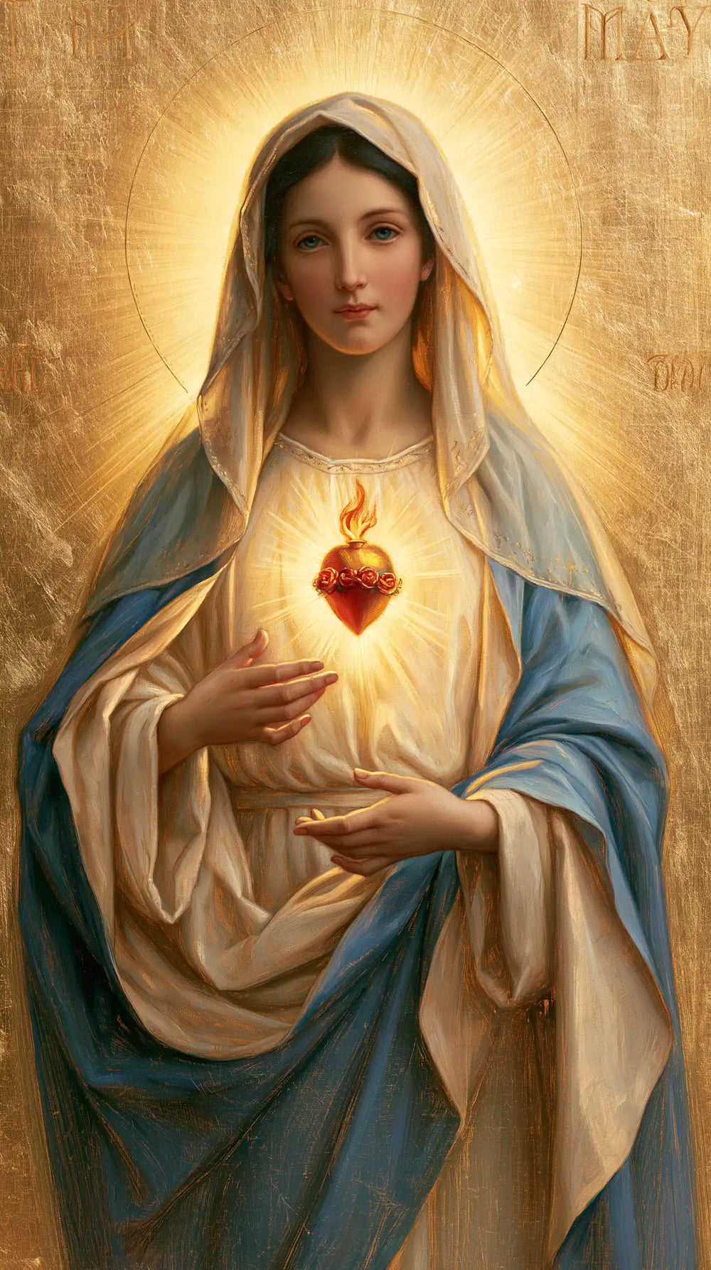 Mary revealing her Immaculate Heart in Sacred Gold style, portrait Christian artwork no. 7