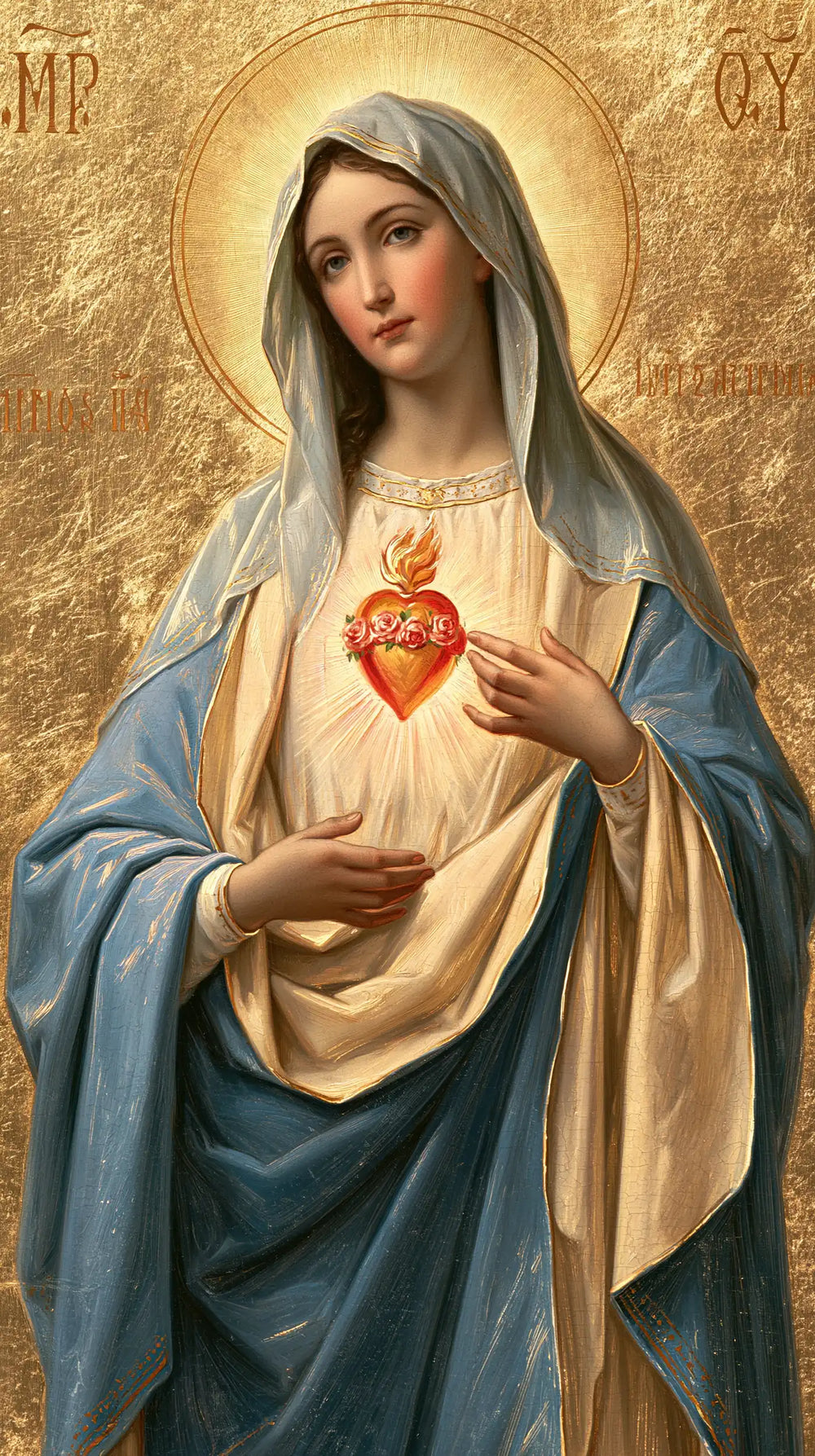 Mary revealing her Immaculate Heart in Sacred Gold style, portrait Christian artwork no. 9