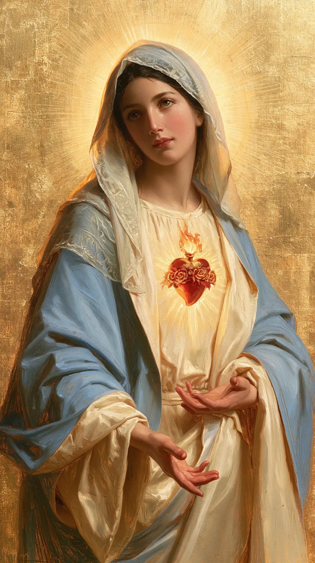 Mary revealing her Immaculate Heart in Sacred Gold style, portrait Christian artwork no. 11