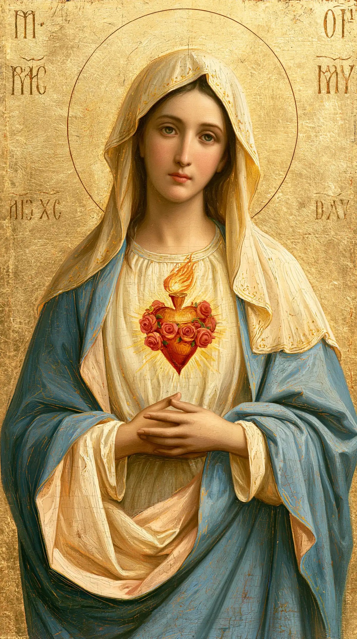 Mary revealing her Immaculate Heart in Sacred Gold style, portrait Christian artwork no. 12