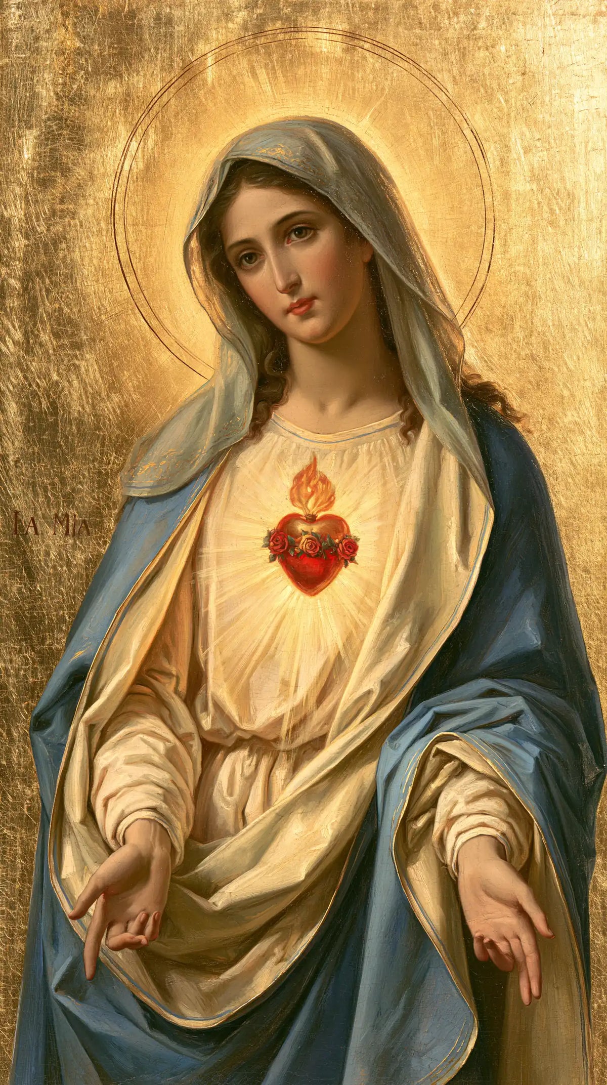 Mary revealing her Immaculate Heart in Sacred Gold style, portrait Christian artwork no. 15