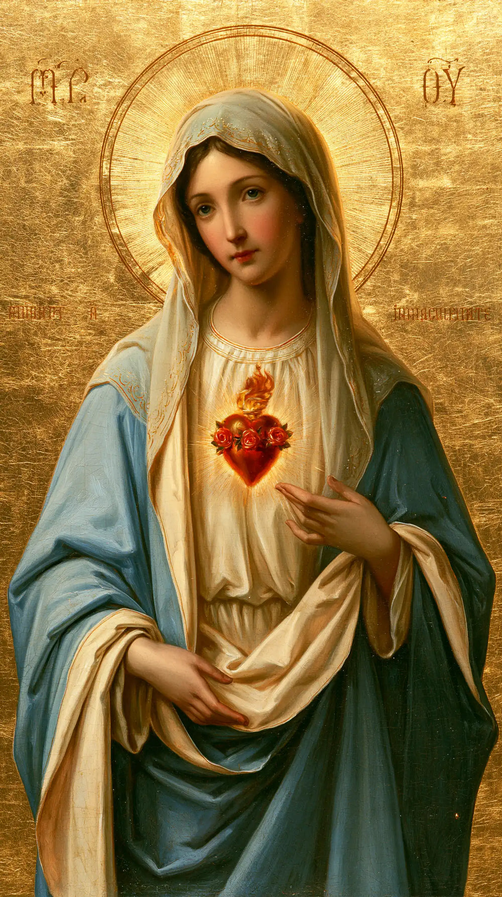 Mary revealing her Immaculate Heart in Sacred Gold style, portrait Christian artwork no. 16