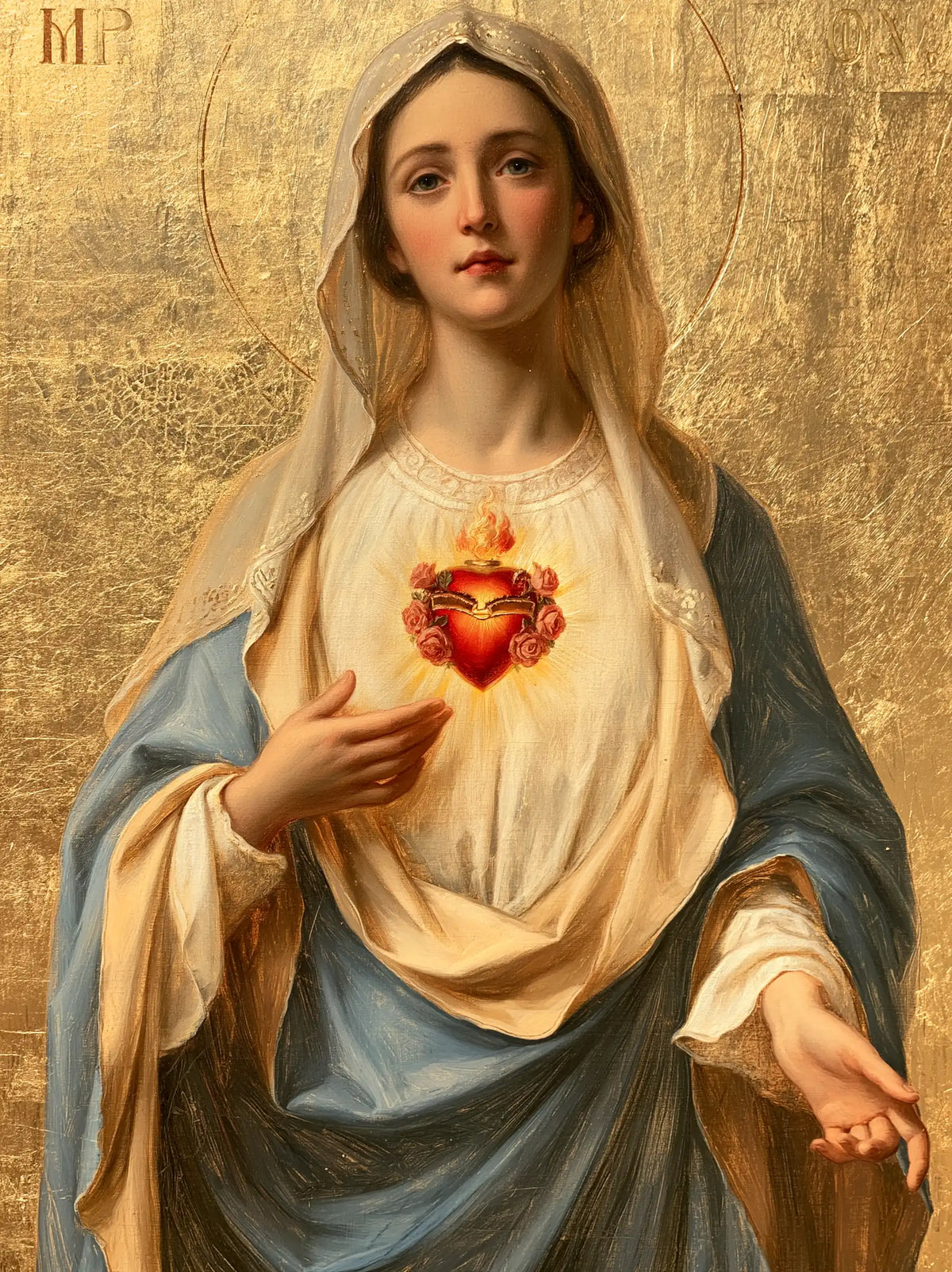 Mary revealing her Immaculate Heart in Sacred Gold style, portrait Christian artwork no. 20