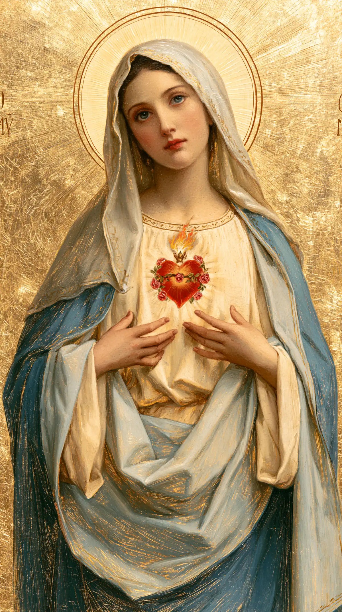 Mary revealing her Immaculate Heart in Sacred Gold style, portrait Christian artwork no. 21