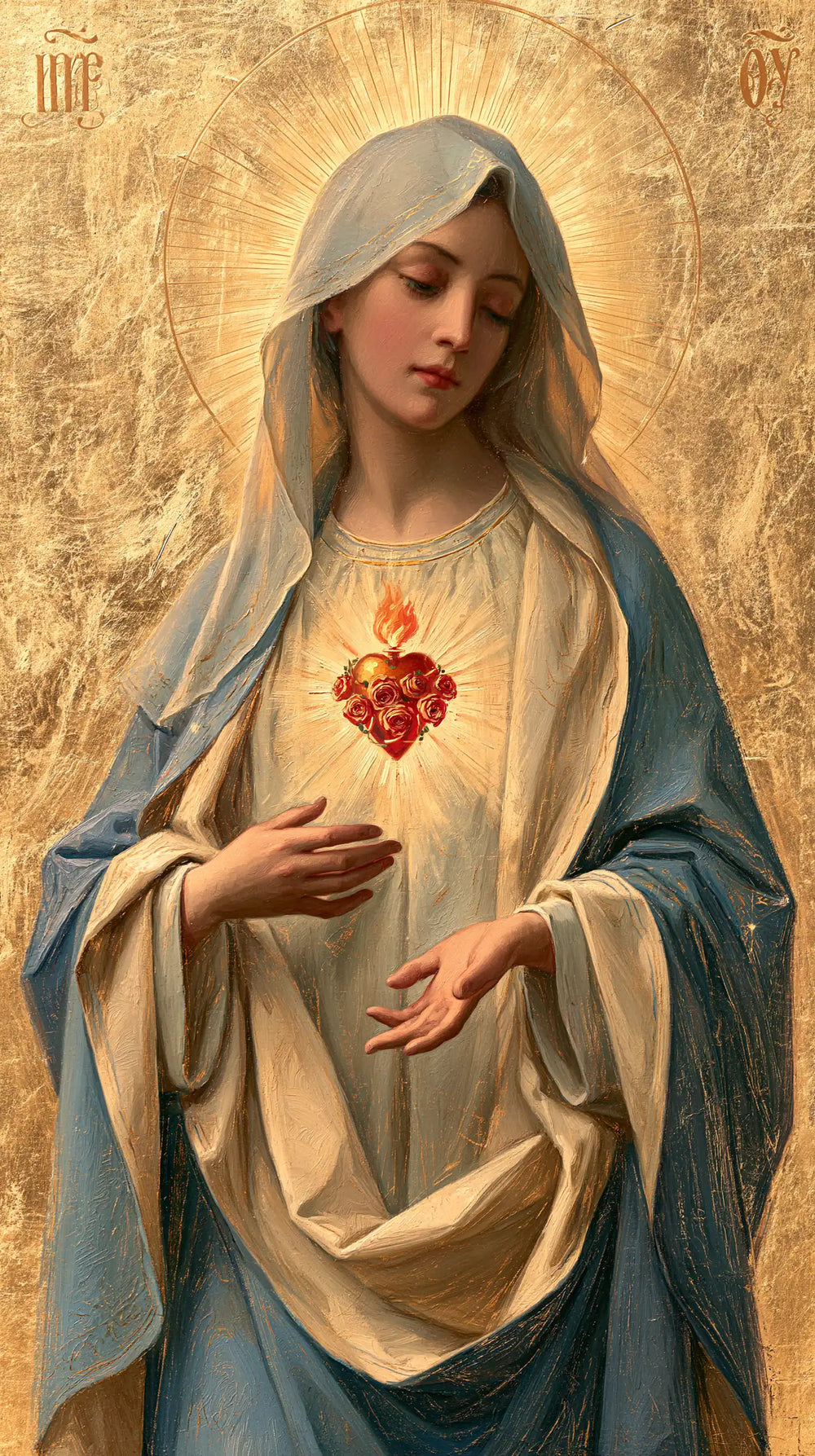 Mary revealing her Immaculate Heart in Sacred Gold style, portrait Christian artwork no. 22
