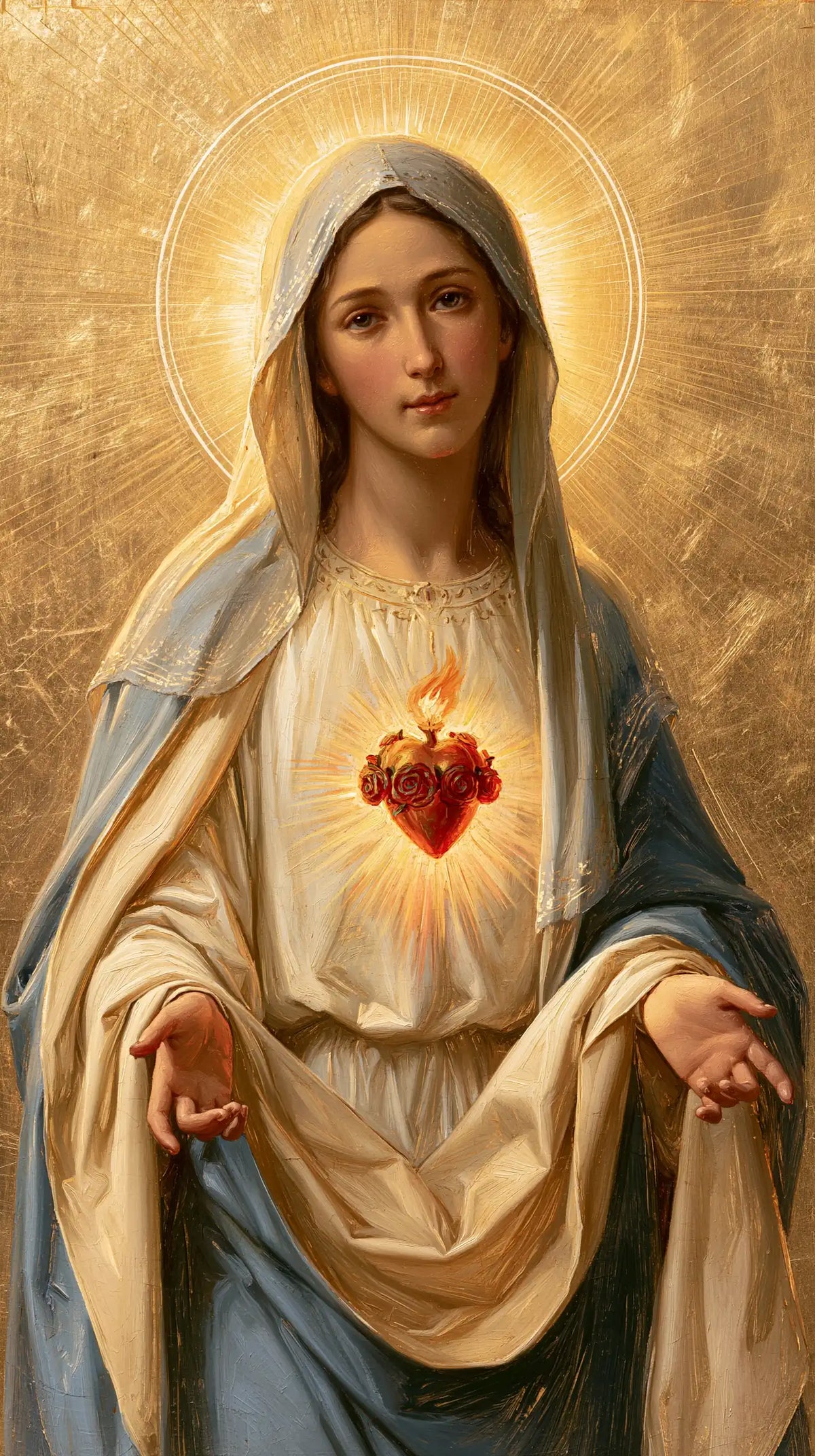 Mary revealing her Immaculate Heart in Sacred Gold style, portrait Christian artwork no. 26