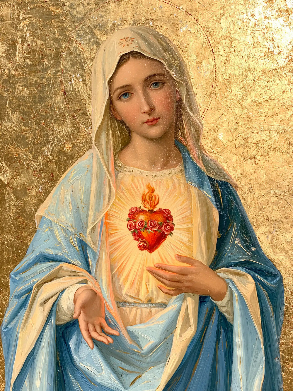 Mary revealing her Immaculate Heart in Sacred Gold style, portrait Christian artwork no. 27