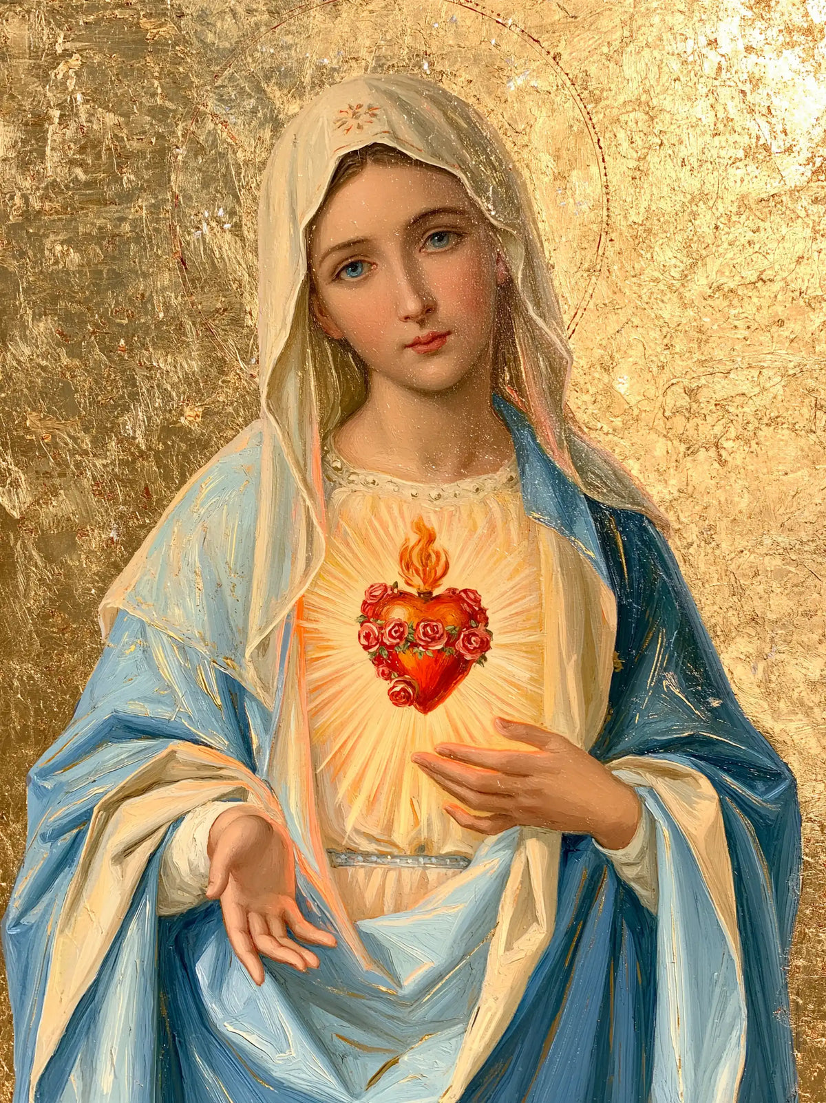 Mary revealing her Immaculate Heart in Sacred Gold style, portrait Christian artwork no. 27