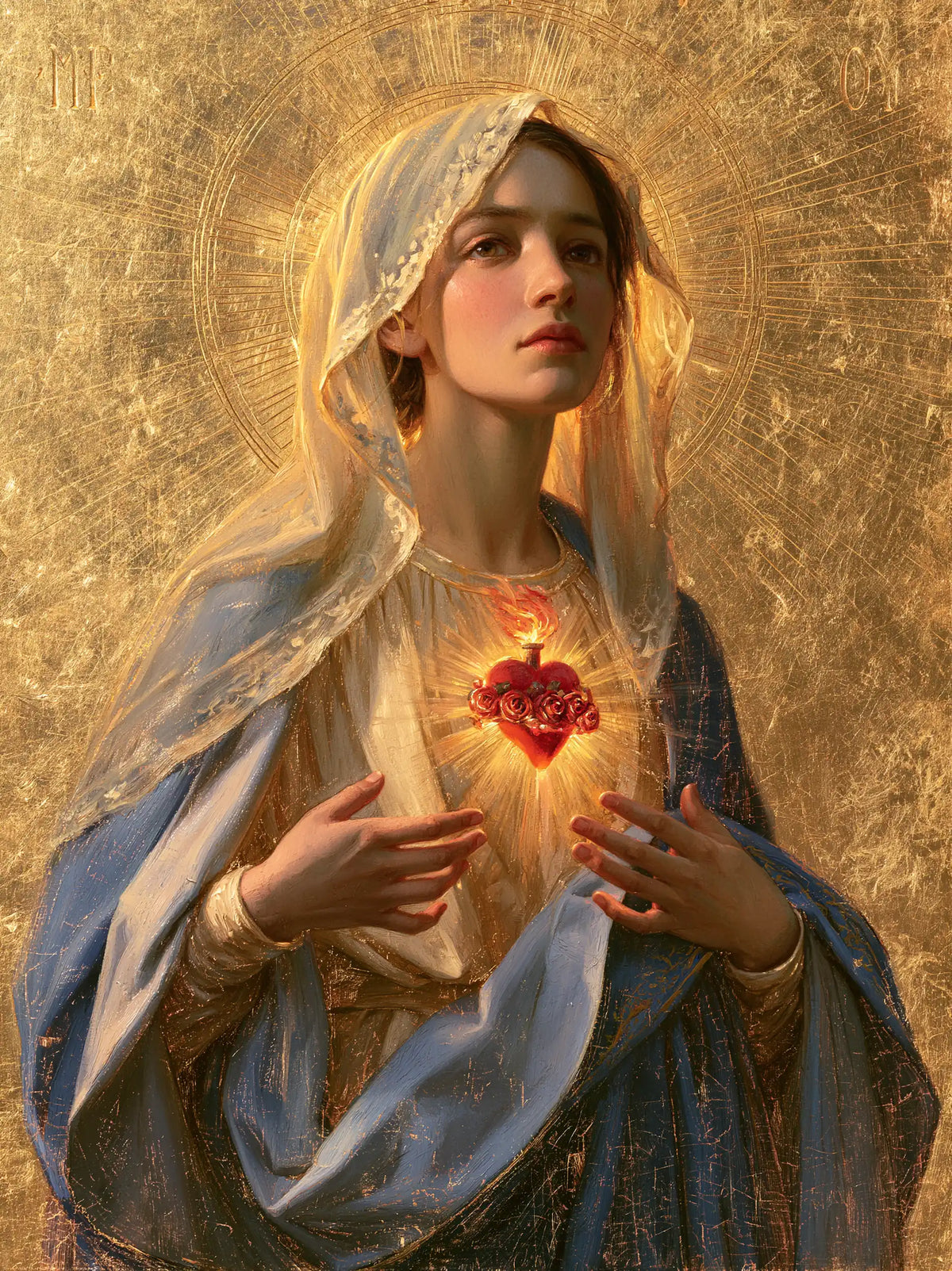 Mary revealing her Immaculate Heart in Sacred Gold style, portrait Christian artwork no. 30